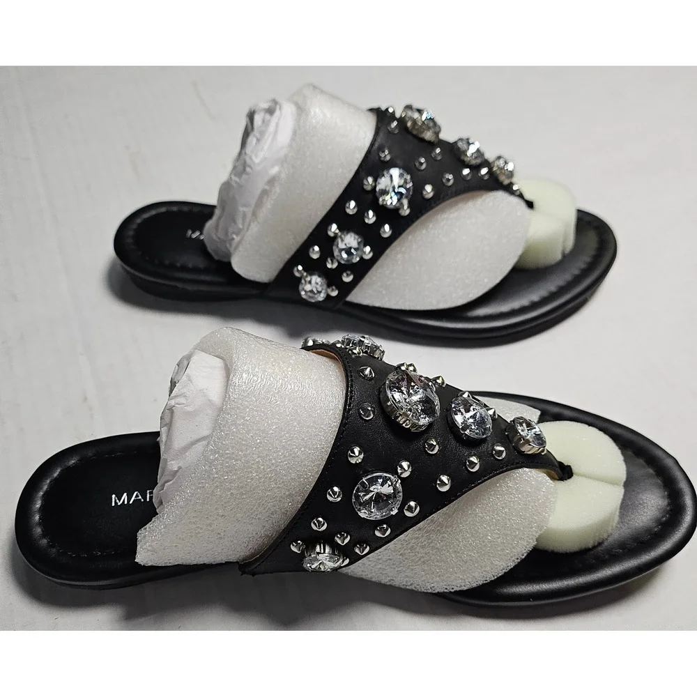 Marc Fisher‎ Womens Black Crystal Studded Thong Sandals Flat Slide Shoes 5.5M